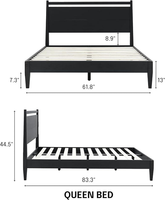 NTC Adept Wooden Bed Frame with Headboard, Solid Oak and Rubber Wood Foundation with Silent Slats and Wood Central Supports, 1000 Lb Capacity, Effortless Assembly, Queen - Burnt Black
