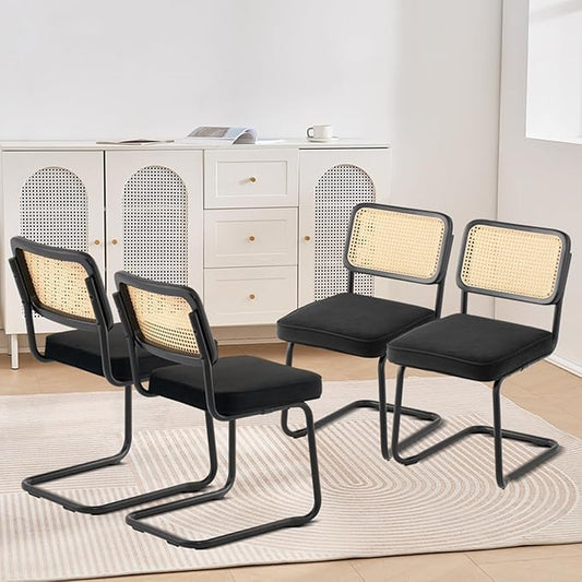 VEVOR Rattan Dining Chairs Set of 4, Mid Century Modern Dining Chair, Upholstered Velvet Accent Chair with Rattan Back, Retro Dining Room Kitchen Chair for Living Room, Bedroom (18.1 Inch)