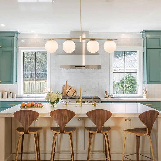 45.3" Modern Linear Chandelier 4-Lights Milk Glass Globe Linear Pendant Light Fixture Brushed Gold Mid Century Chandelier Kitchen Island Dining Room Light Fixture Over Table