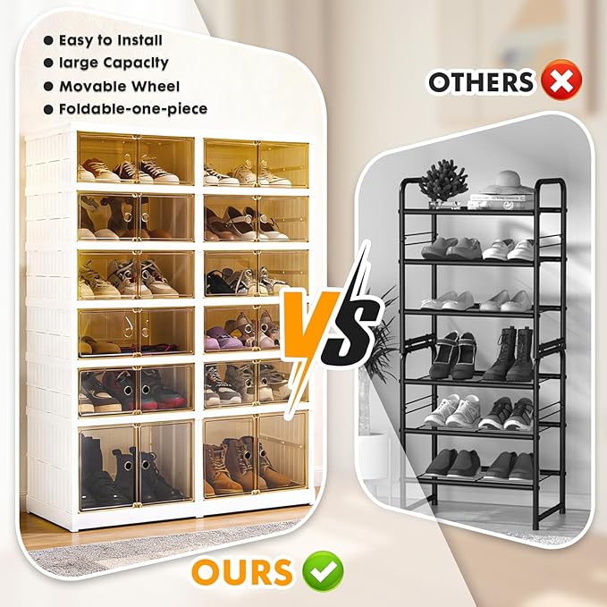 SAYMA Collapsible Shoe Rack Organizer Foldable Shoe Cabinet, Large Plastic Folding Shoes Rack with Doors, Easy Assembly Shoe Cabinet for Entryway (6 Tiers-24 Pairs)