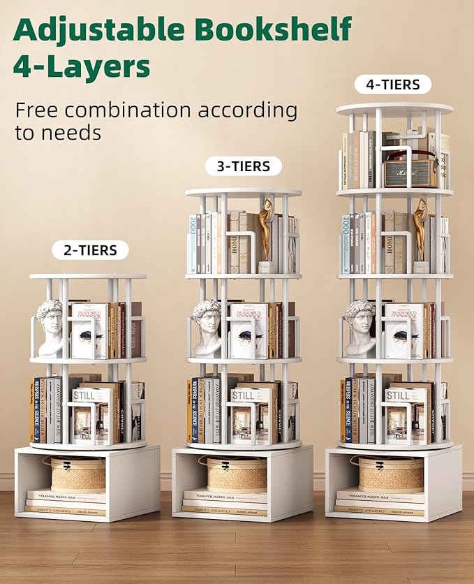5 Tier Rotating Bookshelf with Extra Storage Cabinet, 360°Spinning Corner Bookshelf, Floor Standing Bookcase for Kids & Adult, Narrow Book Shelf for Bedroom Living Room, Pure White