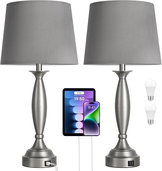 25.5" Lamps for Bedrooms Set of 2 - Touch Bedside Lamp with USB C+A, 3 Way Dimmable Nightstand Lamps with USB Port, Brushed Nickel Table Lamp for Living Room Bed Side End Table(bulbs included)