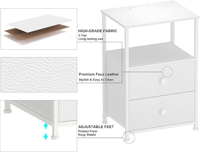Tohomeor Sofa End Tables with Charging Station LED Light Nightstand Bedroom Bed Side Dresser with Fabric Drawers Open Storage Shelf Living Room with USB Ports and Outlet (White, 1 Pack)