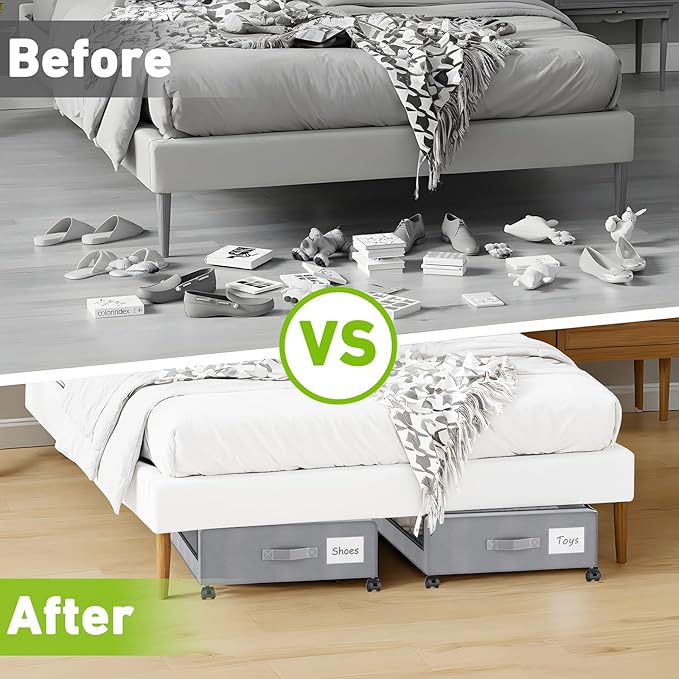 Under Bed Storage with Wheels, 4 Pack Under bed Storage Containers with Clear Lids & Zippers, Under Bed Shoe Storage Organizer, Rolling Underbed Storage for Clothes, Shoes, Blankets (Grey)
