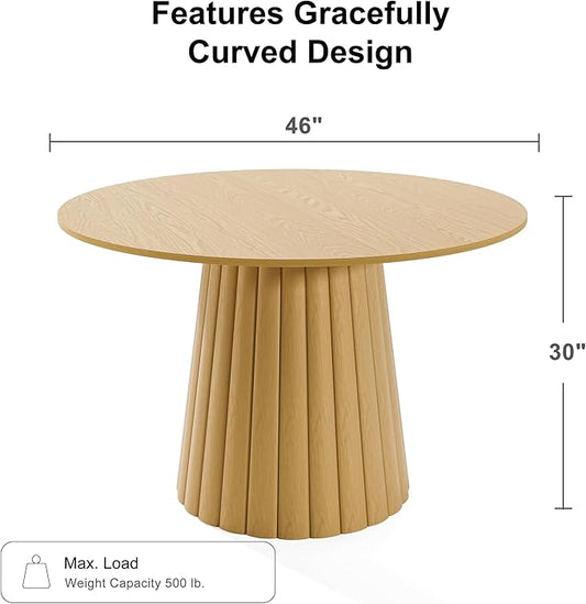 Casaphoria 46" Round Dining Table, Modern Wood Kitchen Table with Cone Shaped Strip Convex Base for Living Room & Dining Room, Easy Assembly Farmhouse Furniture for 4-6, Oak-A