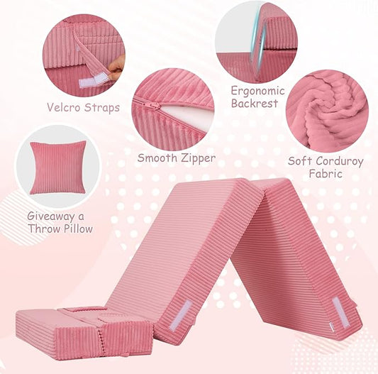 MeMoreCool Kids Folding Sofa – Corduroy Floor Futon Chair, Pink, Tri-Fold Mattress for Toddlers Soft Washable Covers | High-Density Foam | Lounger for Reading