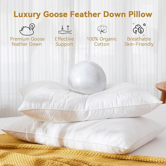 L LOVSOUL Goose Feather Down Pillow Queen Size of 2,Ultra Soft 100% Organic Cotton Fabric, 700TC,800 Fill Power, Luxury Hotel Collection Bed Gusseted Pillows for Back, Stomach or Side Sleepers