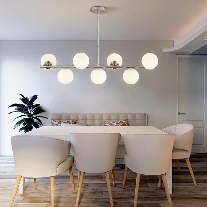 KCO Lighting Brushed Nickel Linear Chandelier White Milk Glass Chandelier Kitchen Linear Sputnik Pendant Light Mid Century Globe Pendant Light Fixture Modern Sliver Chandeliers Dining Room