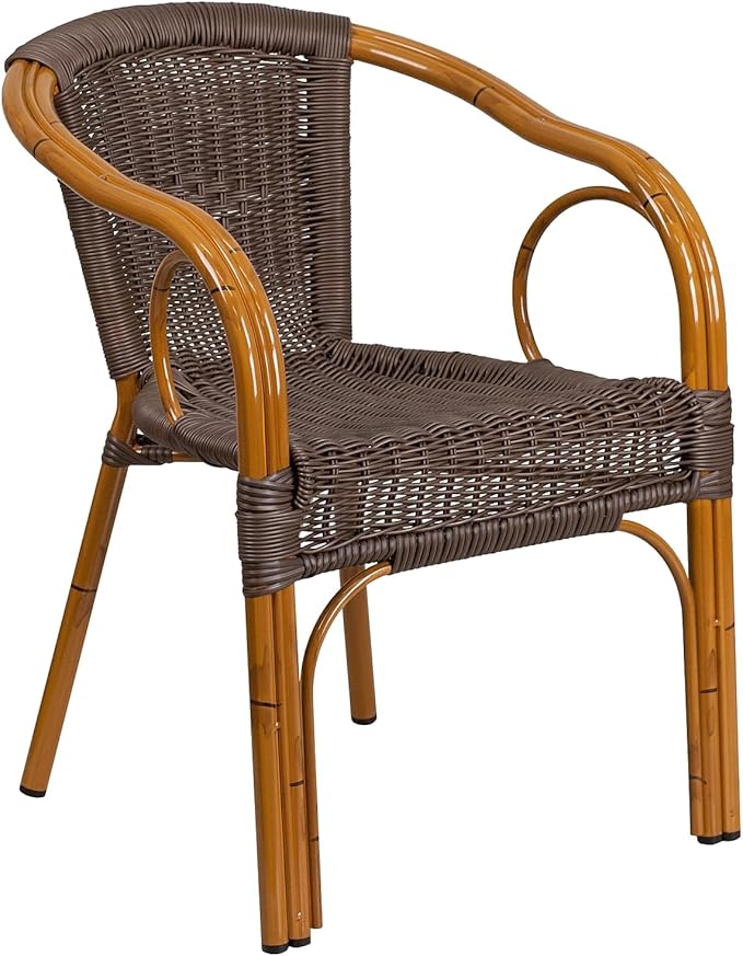 Flash Furniture 3 Pack Cadiz Series Dark Brown Rattan Restaurant Patio Chair with Red Bamboo-Aluminum Frame