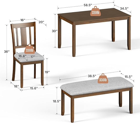 6-Piece Wooden Dining Set - Table & Chairs for 6, Includes Table, 4 Upholstered Chairs & 1 Bench, Walnut