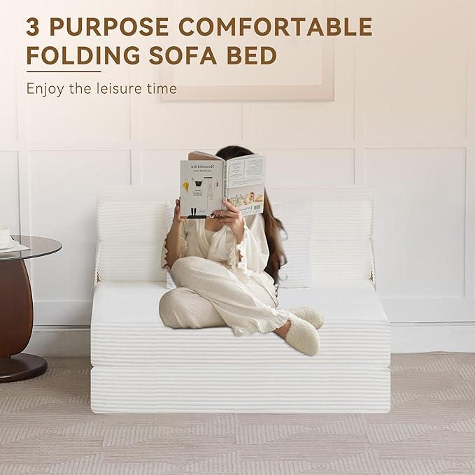 WUTUTUEE Folding Sofa Bed Convertible Floor Couch Foldable Chair Bed with Pillow,Linen Sleeper Chair Futon,Foldable Memory Foam Mattress for Bedroom/Living Room/Dorm/Office (Corduroy White, Standard)