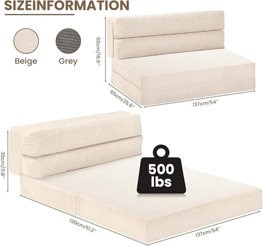 JUIKURY Folding Sofa Bed, Convertible Sleeper Chair with Pilow Foldable Matress, 2 in 1 Pull Out Loveseat Sofa Portable Fold Out Chair Bed Floor Couch Lounge for Living Room Bedroom (Beige, Full)