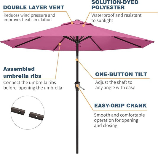 10FT Patio Umbrella, Outdoor Umbrella with Push Button Tilt and Crank, 8 Sturdy Ribs, UV Protection & Waterproof Market Umbrella for Pool, Backyard, Beach,Deck (Rose Pink)