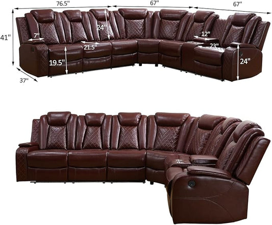 Power Recliner Sectional Sofa with LED Light, Breathing Leather Recliner Sofa Couch with Storage/Cup Holder for Living Room Home Office Theater (Red)