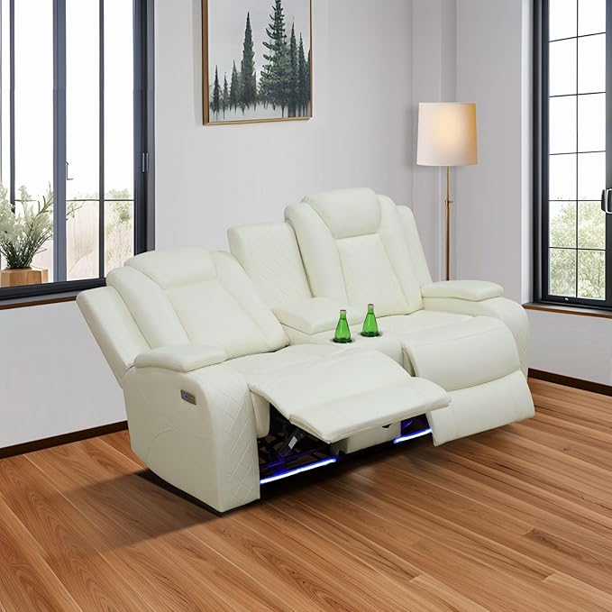 Power Recliner Sofa Set, Air Leather Reclining Couch with LED/Cup Holders/Storage, 2 Pieces Reclining Living Room Furniture, Creamy White Leather Sofa and Chair for House/Apartment/Office