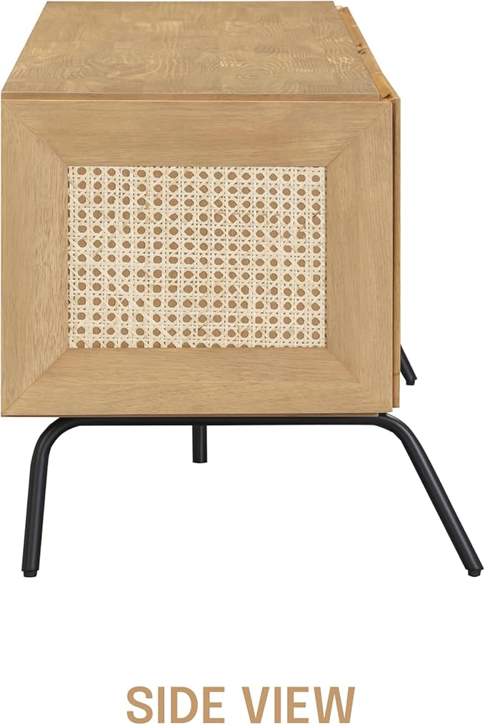 NTC Mossic TV Media Cabinet with 4 Doors for TVs, Entertainment Center with Natural Rattan, Metal Legs, Modern Storage Console for Living Room and Bedroom, Effortless Assembly, Sand