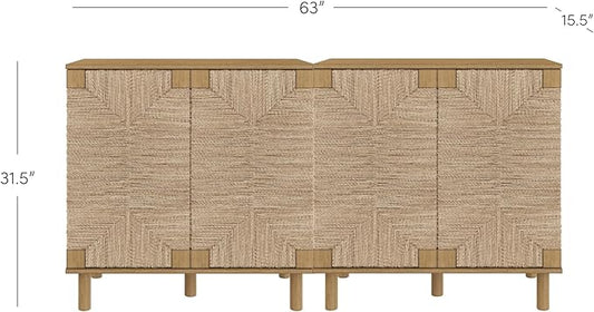 Nathan James Beacon Accent Natural Sideboard Storage Cabinet TV Stand in Light Wood with Adjustable Interior Shelf and Seagrass Doors, for Hallway, Entryway or Dining Room, Light Brown, Set of 2
