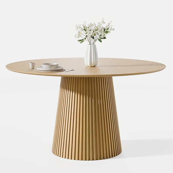 Casaphoria 52" Round Dining Table, Modern Wood Kitchen Table with Cone Grating Bar Base for Living Room & Dining Room, Easy Assembly Farmhouse Furniture for 4-6, Oak