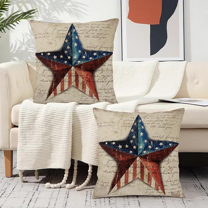 Patriotic Star Outdoor Pillow Covers 22x22 Set of 2 4th of July Vintage American USA Flag Throw Pillows Independence Memorial Day Throw Pillow Cases for Couch Sofa Bedroom Living Room Decor