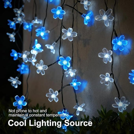 60 LED Solar String Lights Outdoor Waterproof Flower Fairy Lights for Garden Fence Patio Yard Christmas Tree Lawn Wedding Party Decor, Blue and Pure White