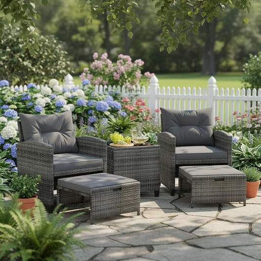 Tangkula 5 Pieces Patio Conversation Set, PE Wicker Rattan Outdoor Furniture Set with 2 Chairs, 2 Ottomans & Tempered Glass Coffee Table, Ideal for Poolside, Backyard, Lawn, Deck, Grey