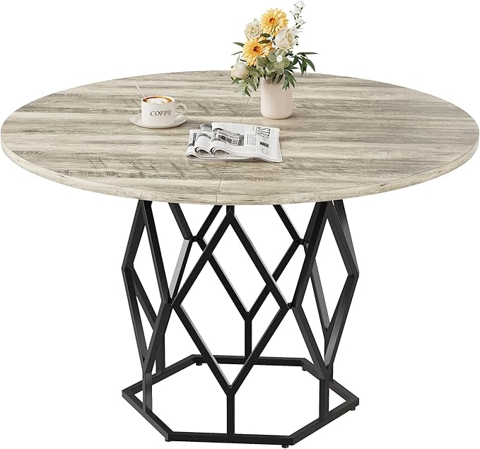 IDEALHOUSE 47 Inch Round Dining Table, Farmhouse Diner Table for 4-6 People, Kitchen & Dining Room Tables, Wood Circle Table for Kitchen, Dining Room, Living Room, Gray