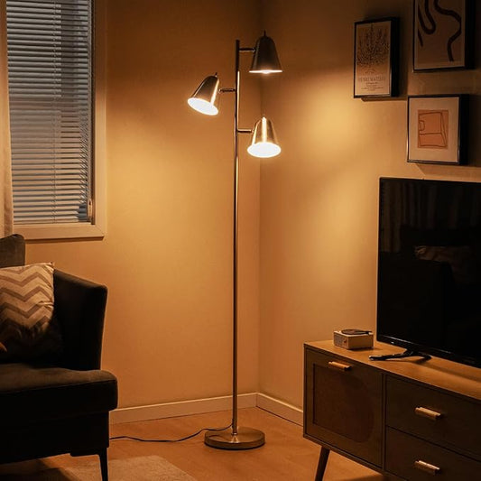 Tangkula 3-Light Floor Lamp, 64" Mid Century Modern 3 Light Tree, Standing Tall Pole Lamp with 3 A19 LED Bulbs and Adjustable Heads, 3 E26 Base, Reading Light for Living Room & Bedroom (Silver)