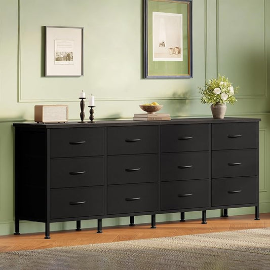 DUMOS TV Stand for Bedroom with Storage TV Stands for Living Room Black, 12 Drawer Dresser Farmhouse Entertainment Center for up to 80 Inch TVs, Media Console Table with Metal Frame Adjustable Feet