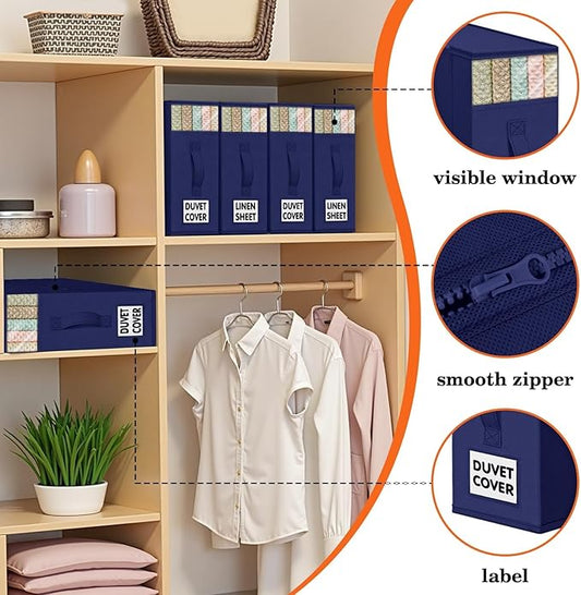 WOWBOX Sheet Organizers and Storage,Closet Bed Sheet Organizer Under Bed Storage and Organization with Label Cards & Clear Window for Bedding Sheets,Duvet Covers,Blankets (6 Pack,Blue)