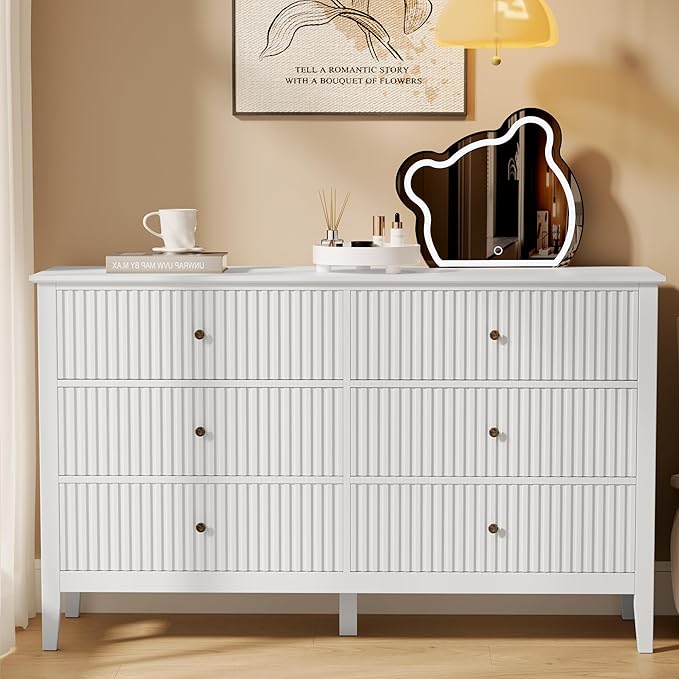 RoyalCraft White Dresser for Bedroom with 9 Drawers, Fluted Painted Wood Chest of Drawers, Modern TV Stand Storage Cabinet for Living Room, Hallway