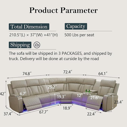 Power Recliner Sectional Sofa Set, Leather Couches for Living Room, Power Reclining Sofa 3 Piece Set with USB Ports, Cup Holder, Hidden Storage (Beige)