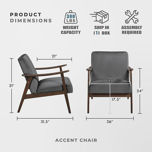 Lexicon Mid Century Modern Chair Velvet Accent Chair for Living Room Chair w/Solid Wood Armrests and Legs, Cushioned Seat and Backrest, Reading Chair and Lounge Chair for Bedrooms/Studios, Dark Grey