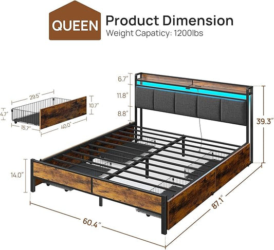 Rolanstar Bed Frame Queen Size with Charging Station and LED Lights, Upholstered Storage Headboard with Drawers, Heavy Duty Metal Slats, No Box Spring Needed, Easy Assembly, Rustic Brown