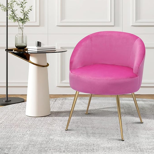 MoNiBloom Upholstered Velvet Accent Chair Girl's Pink Vanity Chair, Mid-Century Modern Barrel Chair w/Golden Metal Legs, Retro Leisure Reading Comfy Lounge Chair for Living Room Bedroom