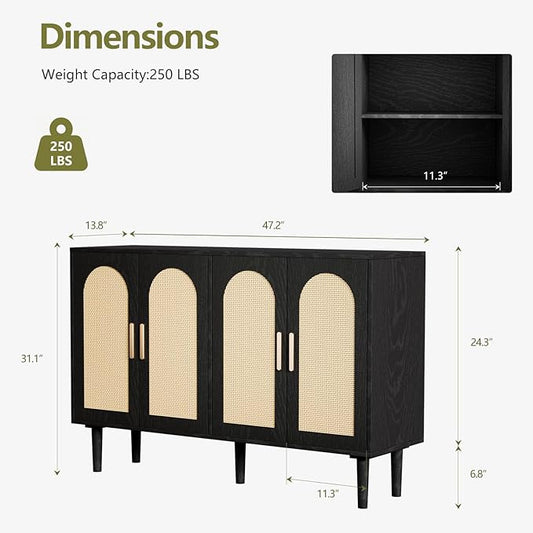 Sideboard Buffet Cabinet with Storage, Retro Rattan Storage Cabinet Kitchen Sideboard Buffet with Artistic Carved Handle for Dining Room Living Room, (Black&Oak)