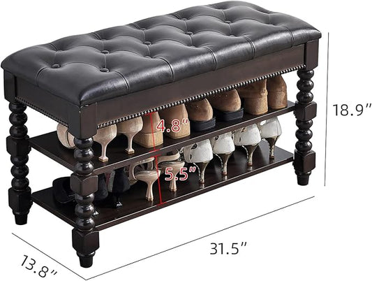 LEILISI Shoe Bench, Wood Storage Bench with Cushion Seat, Shoe Rack with Hidden Storage Space for Entryway Living Room Bedroom Hallway (Walnut, 31.5'')