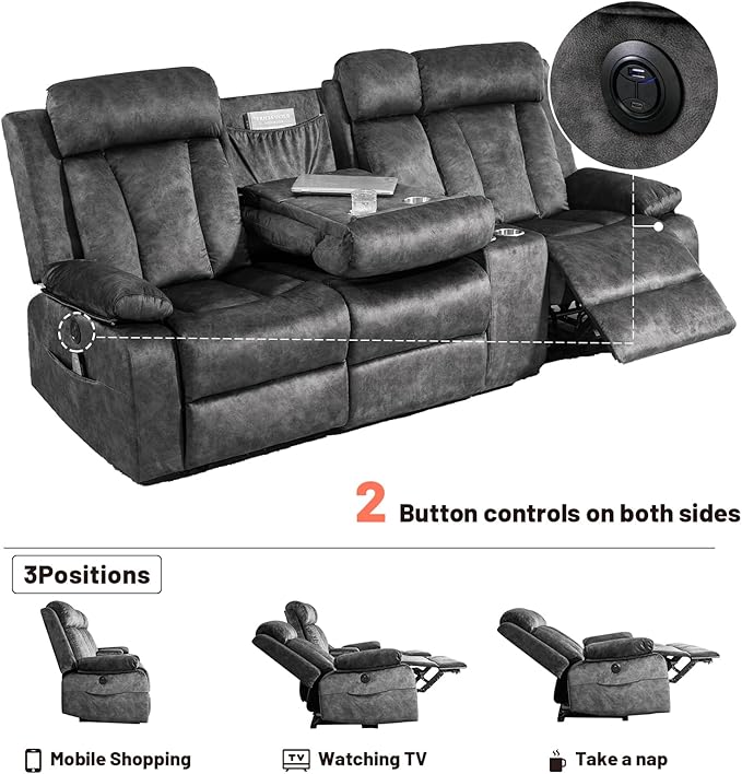 Electric Power Reclining Sofa, 3-Seater Sofa with Flip-Top Console, Massage & Heat, Recliner Couch with Storage, USB Ports, and Cup Holders - Perfect for Living Room Comfort (Gray)