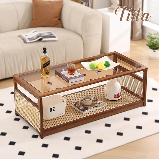 Tiita Coffee Tables for Living Room,Mid Century Modern Storage 2-Tier Coffee Tables,Rattan Glass RectangleTables,Suitable for Living Room Apartment, Large, Brown