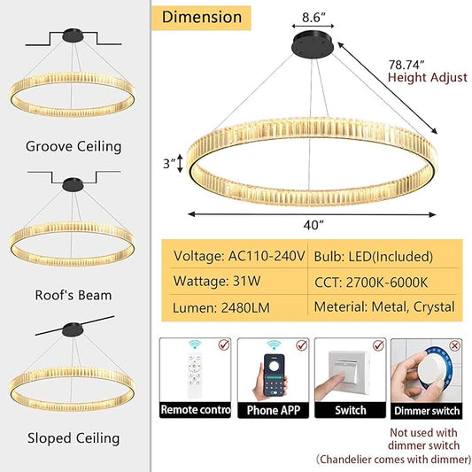 40'' Modern Ring Chandelier Crystal Chandeliers for Dining Room Round LED Dimmable Ceiling Light Fixture for Living Room Bedroom Lighting Black