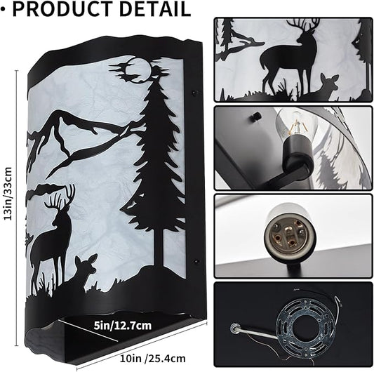 Rustic Deer Sconce Wall Lamp with Shade – E26 Base, Large Modern Farmhouse Wall Light for Bedroom, Living Room, Hallway, Stairway, Headboard, Porch-13 H*10 W*5 D(in)