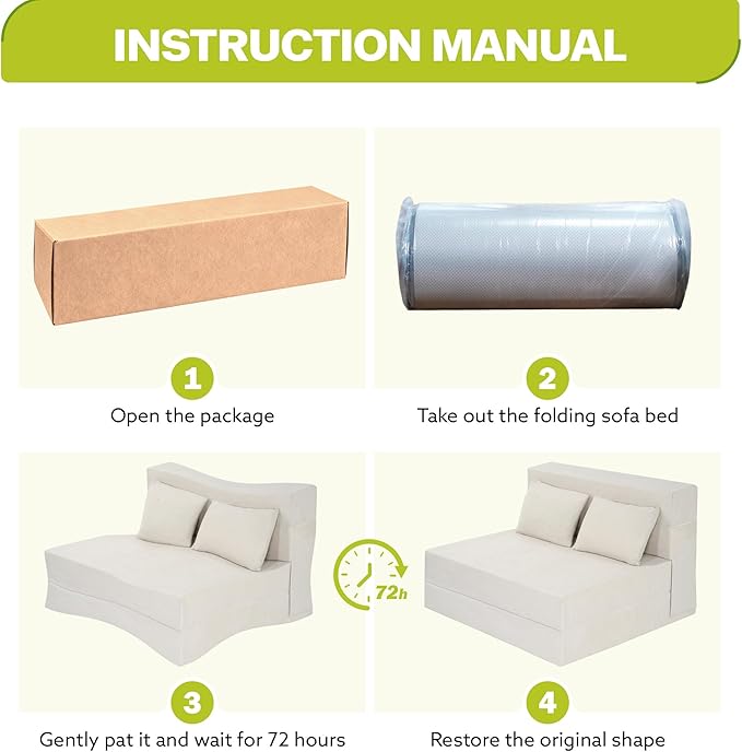 Fvkind Folding Sofa Bed, 4 in 1 Convertible Sleeper Sofa Bed Chair with Pillow, Twin Memory Foam Loveseat Futon Sleeper Chair, Foldable Futon Couch for Living Room, Bedroom, Guest Room, Beige