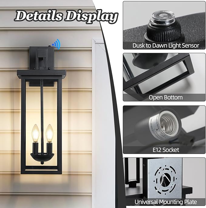 Large Exterior Lighting Fixtures Modern Wall Lantern,Outdoor Wall Lights with Clear Glass Shade,Outdoor Lamps for Patio Porch,Waterproof Outside Exterior Lights,Dusk to Dawn 22IN-2 Packs