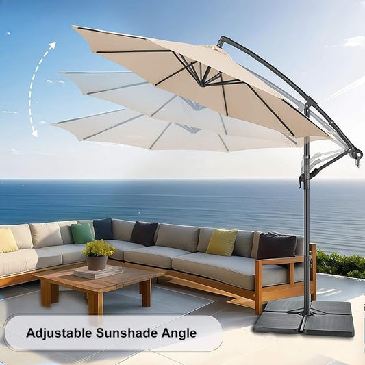 FLAME&SHADE 10ft Cantilever Patio Umbrella Outdoor, Large Offset Umbrella with Crank and Cross Base, UPF 50+ UV Protection Hanging Umbrella for Pool Deck Garden, Beige
