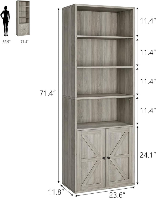 CABIHOME Farmhouse Bookcase with Doors 71.4in Tall Bookshelf 11.8in Depth Display Storage Shelves Industrial Bookcases Wooden 6 Shelf Bookshelves for Bedroom, Living Room, Home Office