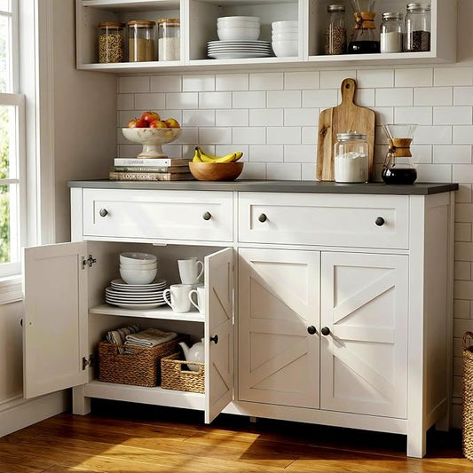 Modern Farmhouse Sideboard Buffet Cabinet 55", Coffee Bar with Adjustable Shelves, Storage Pantry Cabinet for Kitchen, Living Room, Entryway