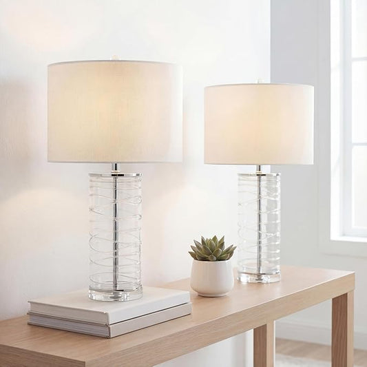 JONATHAN Y 27.5" Clear Modern Fused Glass Table Lamp Set of 2 for Bedroom Living Room, Coastal Nightstand Bedside Lamp with White Linen Shade, LED Bulbs Included (JYL4016B-SET2)