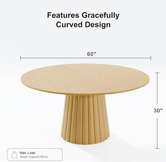 Casaphoria 60" Round Dining Table, Modern Wood Kitchen Table with Cone Shaped Strip Convex Base for Living Room & Dining Room, Easy Assembly Farmhouse Furniture for 4-6, Oak