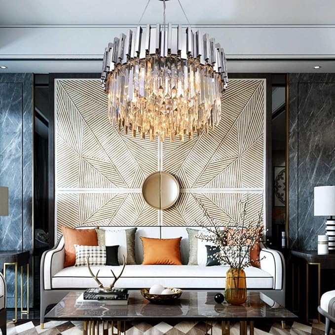 Modern Crystal Chandelier Lighting Chrome Pendant Lights Fixture with Stainless Steel Shade Island Chandeliers Ceiling Dining Room Living Room Contemporary Kitchen Dimmable 9-Lights