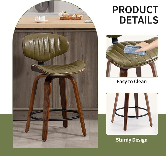 Modern Bar Stools Set of 3, 24 inch PU Leather Wooden Bentwood Barstools Counter Height Swivel Breakfast Bar Chair with Backrest Footrest for Kitchen Island, Dining Room D035-Olive Green-3