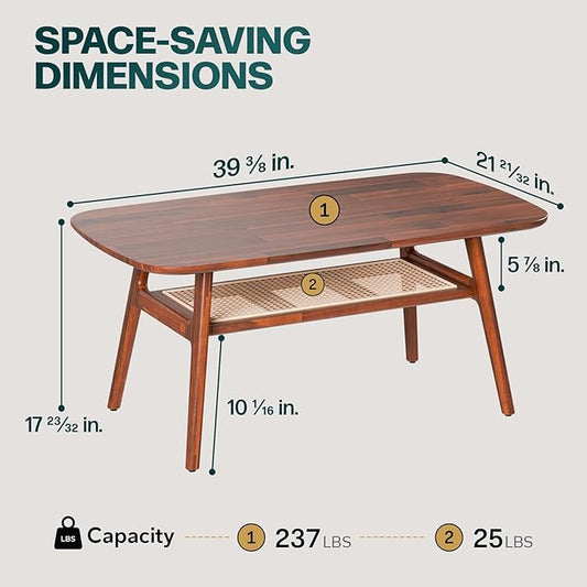 Bme Nancy Solid Acacia Wood Coffee Table for Living Room, Spacious Oval-Shaped 237 Lbs Top Capacity, Rattan Shelf Below, Mid Century, Rustic and Modern Style Living Room Furniture, Dark Chocolate